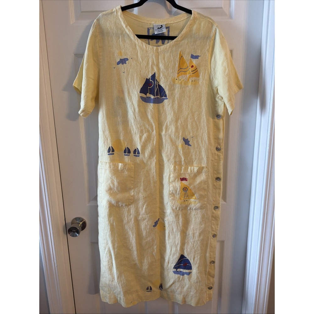 Blue Eyed Bear Artsy Hand-painted 100% Linen Sailboat Dress Coastal Yellow